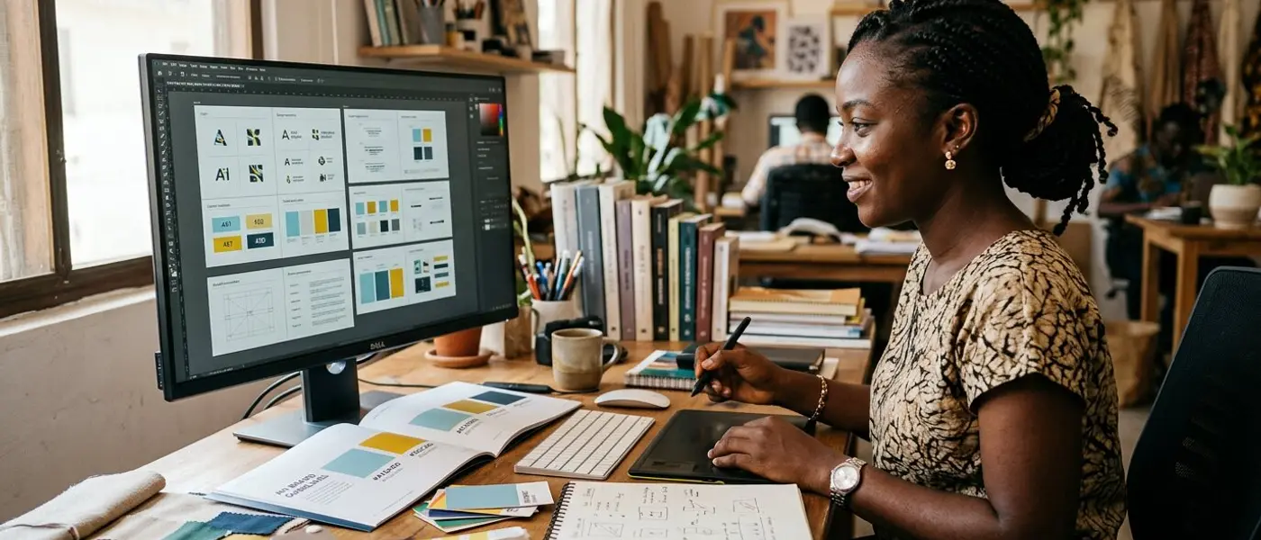 Designer working on brand identity layouts