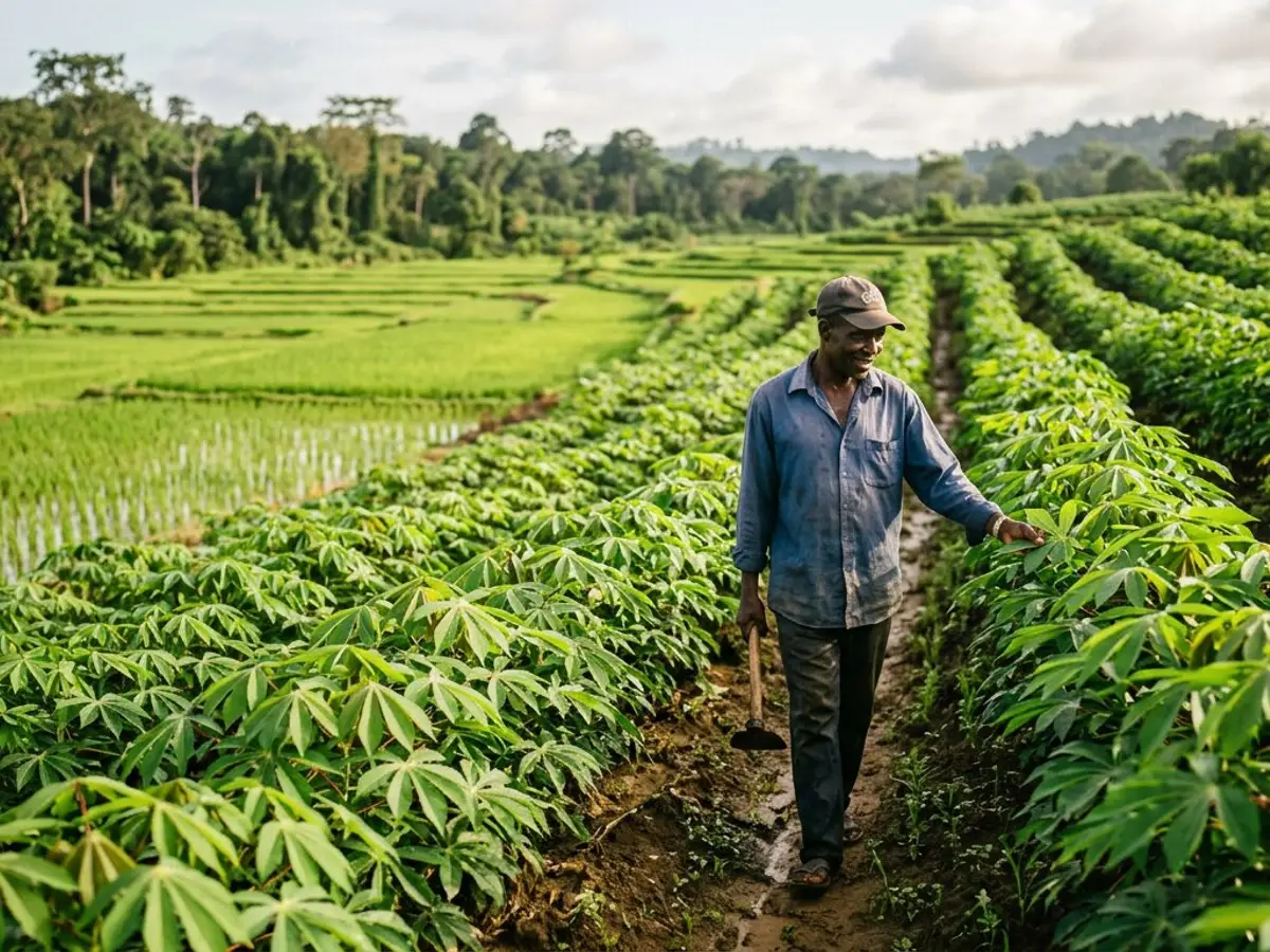 Farmer inspecting cassava rows beside rice paddies in rural Liberia